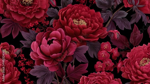 Obraz na płótnie Vibrant red peonies with dark leaves on a black background. w salonie