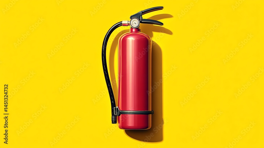 Red fire extinguisher with black hose isolated on bright yellow background.