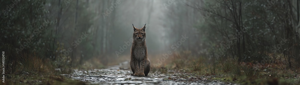 Lynx sitting alone on a forest path in a misty environment.