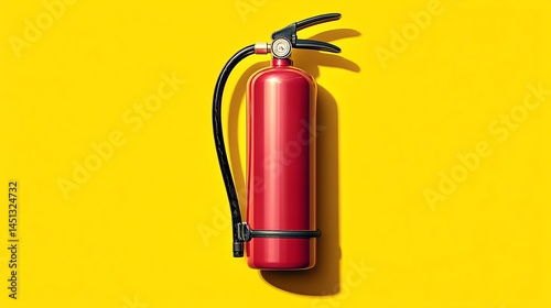 Obraz na płótnie Red fire extinguisher with black hose isolated on bright yellow background. w salonie
