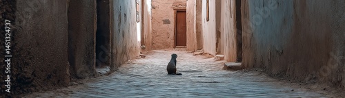 Obraz na płótnie Cat sitting alone in a narrow alleyway, rustic architecture surrounds it. w salonie