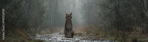 Obraz na płótnie Lynx sitting alone on a forest path in a misty environment. w salonie