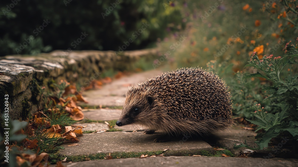 Hedgehog walking along a path surrounded by autumn foliage.