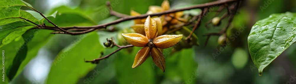 Starfruit flowers blooming on a green leafy branch.