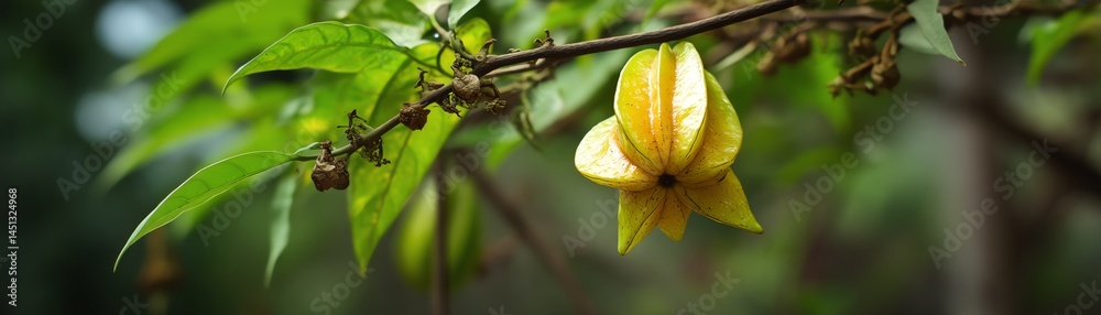 Yellow starfruit flower on a branch against a blurred green background.