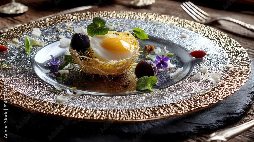 Elegant gourmet dish featuring egg, herbs, and edible flowers on a fine plate.