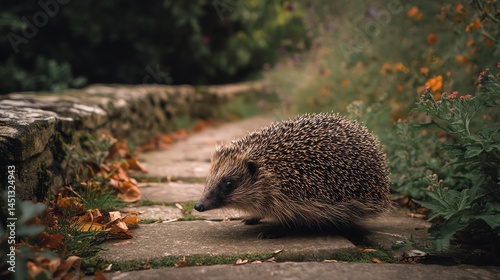 Obraz na płótnie Hedgehog walking along a path surrounded by autumn foliage. w salonie