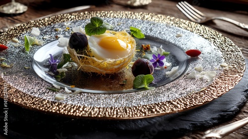 Obraz na płótnie Elegant gourmet dish featuring egg, herbs, and edible flowers on a fine plate. w salonie