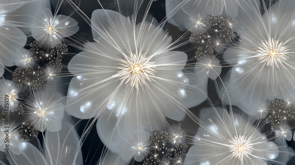 Delicate white flowers with glowing accents, set against a dark background.