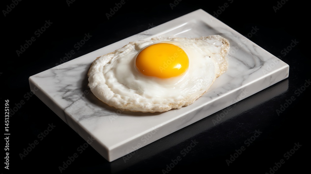 Fried egg on a marble plate, isolated on a black background.