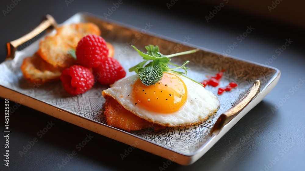 Fried egg on a plate with raspberries and garnish, dark background.