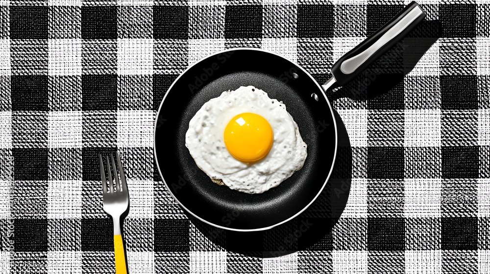 Fried egg on a black pan, checkered tablecloth, sunny side up.