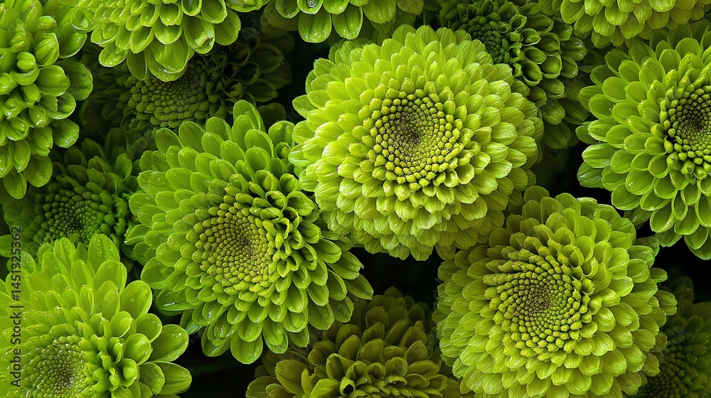 Vibrant green chrysanthemums in a close-up view, showcasing intricate floral patterns.