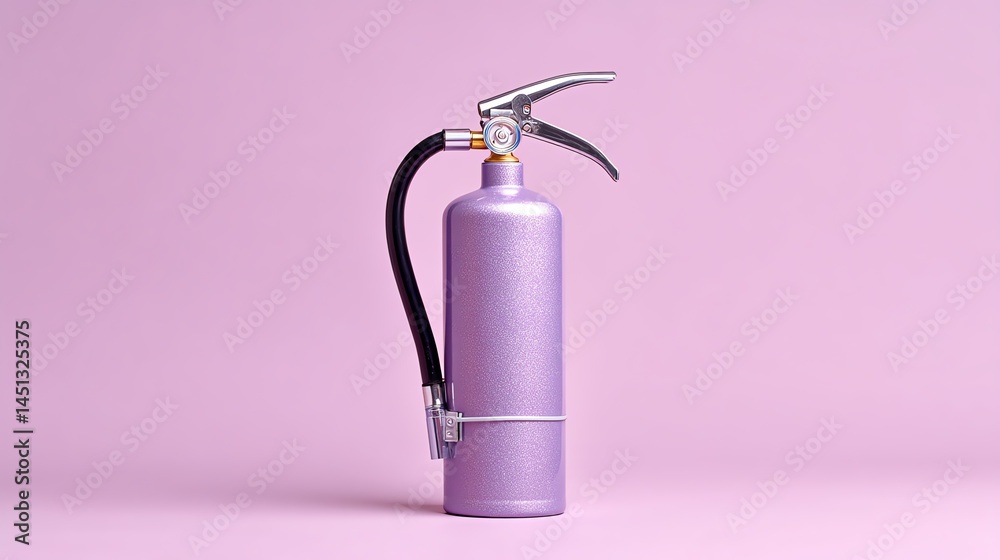 Purple fire extinguisher on pink background, modern safety equipment for home.