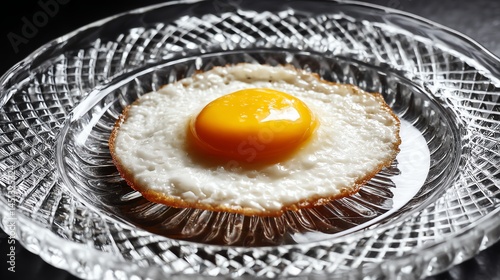 Obraz na płótnie Fried egg on a clear glass plate with intricate design, dark background. w salonie