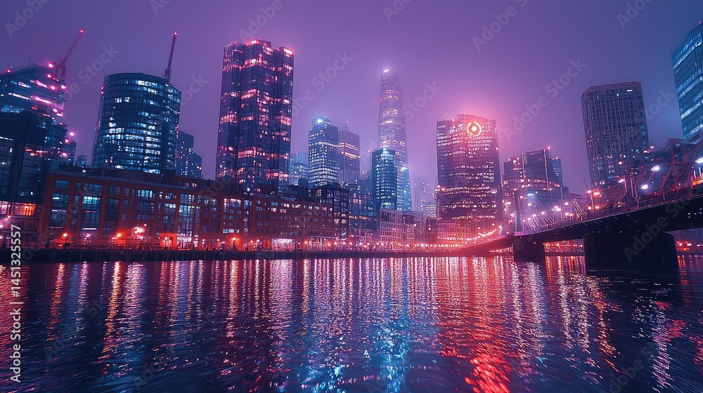 Naklejka premium Urban cityscape at night, illuminated by vibrant neon lights.