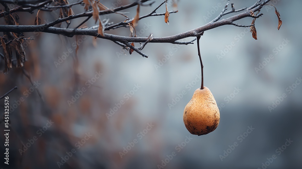 A single pear hangs from a bare branch against a misty background.