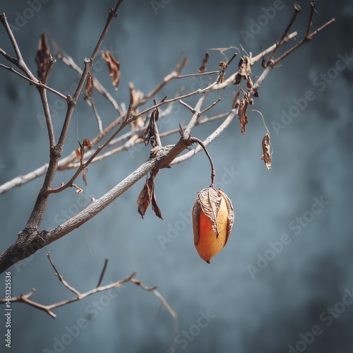 Obraz na płótnie Dried branch with a fruit hanging against a muted background. w salonie