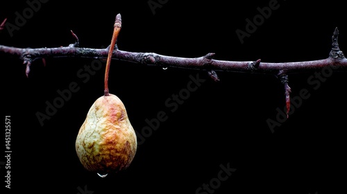 Obraz na płótnie A solitary pear hanging from a branch against a dark background. w salonie