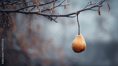 Obraz na płótnie A single pear hangs from a bare branch against a misty background. w salonie