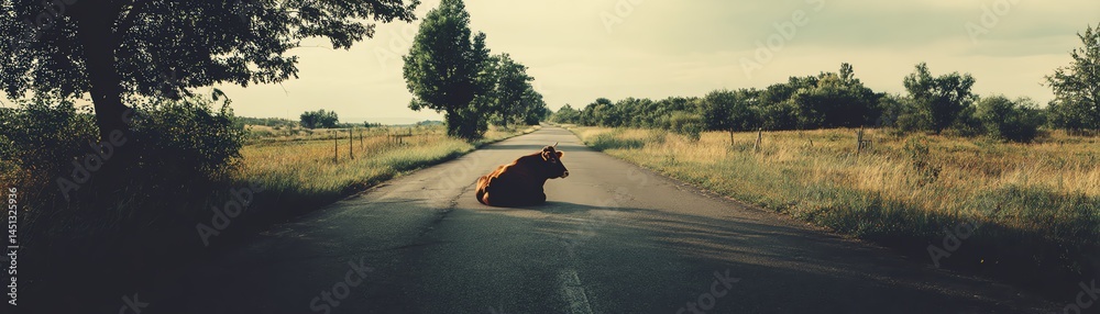 A large brown bear sitting peacefully on a rural road surrounded by nature.