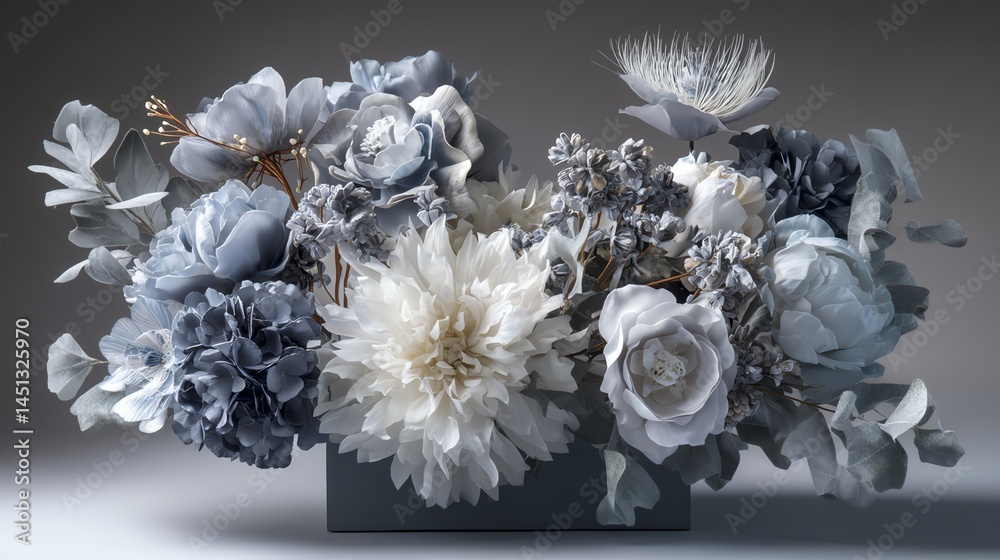 Elegant floral arrangement in soft shades of blue and white, artistic composition.