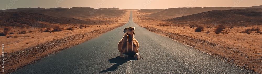 Dog sitting in the middle of an empty desert road, warm sunset light