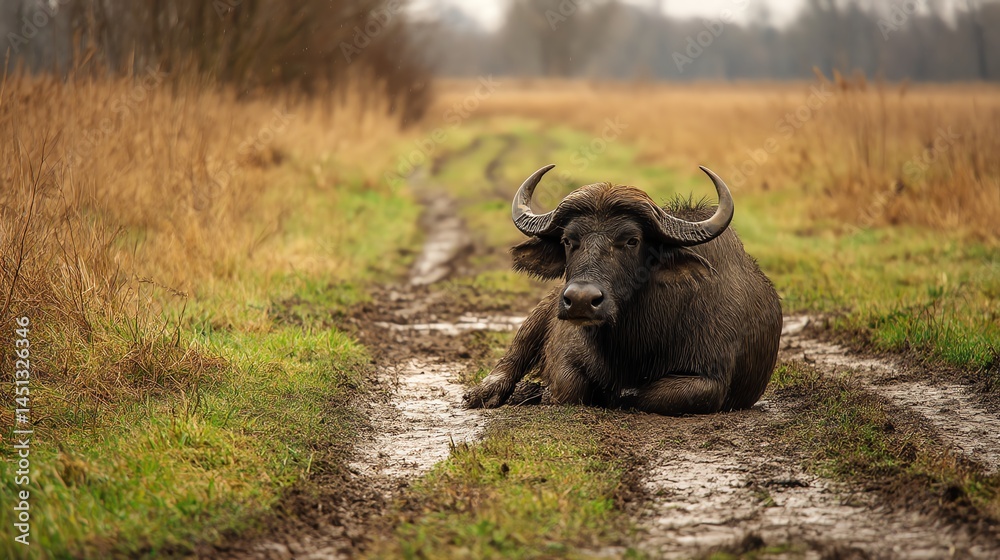 Buffalo resting on a muddy path in a serene natural setting.