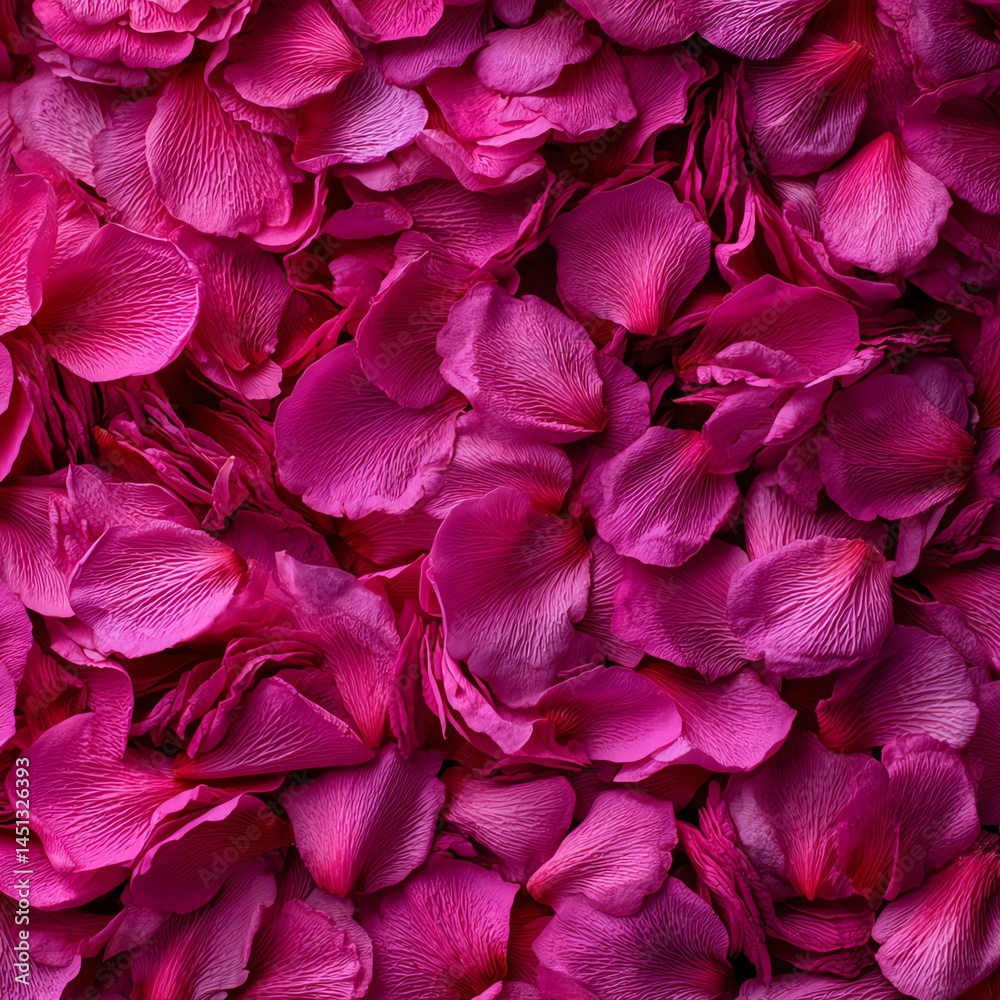 Vibrant pink rose petals scattered on a flat surface, rich in color and texture.