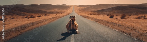 Obraz na płótnie Dog sitting in the middle of an empty desert road, warm sunset light w salonie
