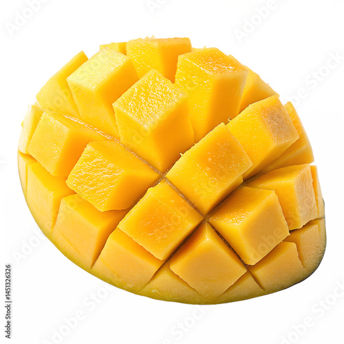 Ripe Sliced Mango in Cube Cut – Juicy Tropical Fruit Isolated on White Background with Vibrant Color and High Detail