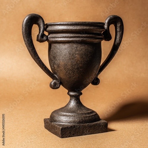 Vintage trophy, dark metallic finish with elegant handles, isolated on brown background.