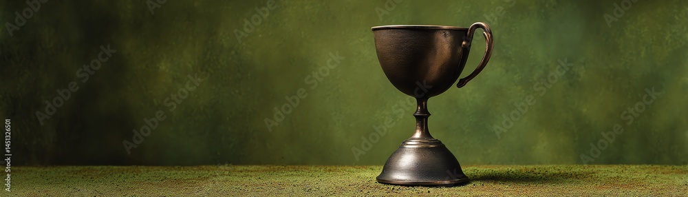 Antique trophy cup on green textured surface, elegant and classic design.