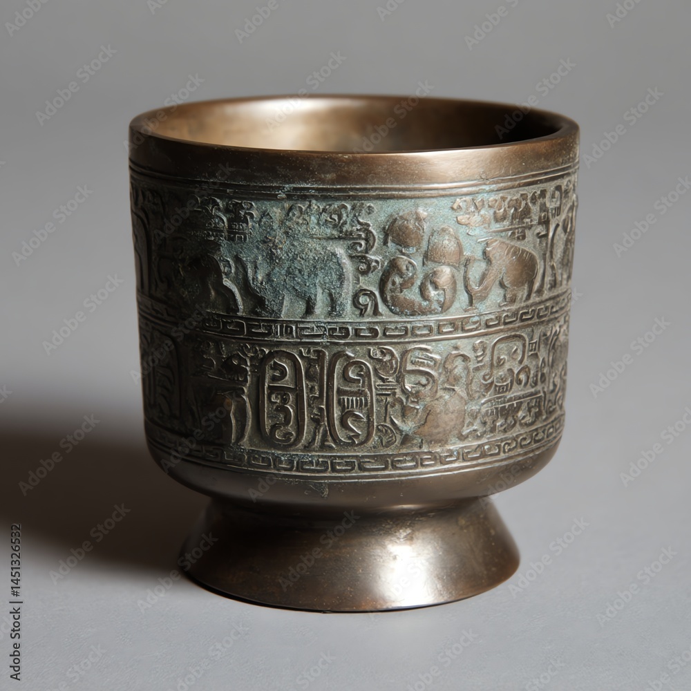 Antique bronze cup featuring intricate animal carvings, gray background.