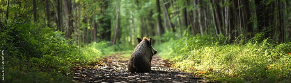 A bear resting on a forest path surrounded by lush greenery and sunlight.