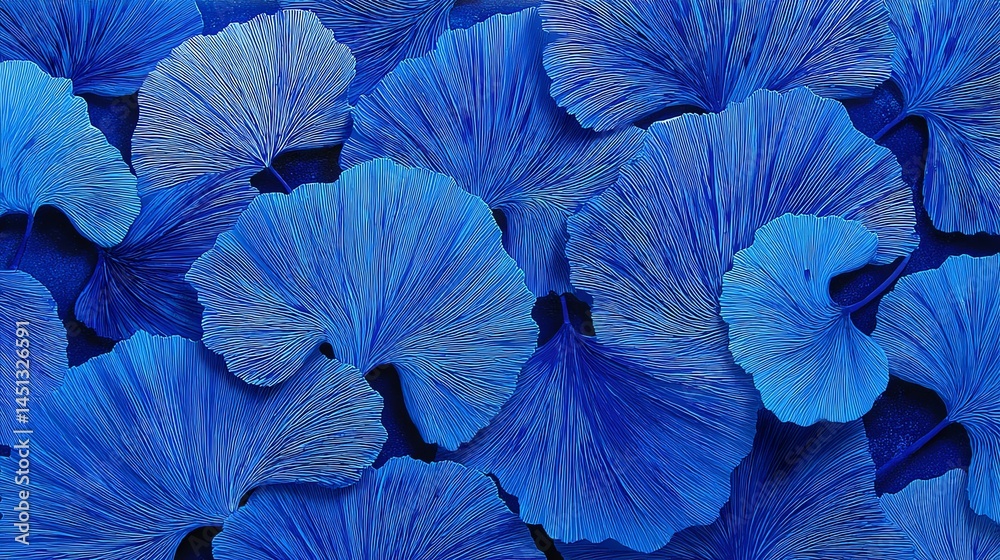 Close-up of vibrant blue leaves, showcasing intricate textures and patterns.