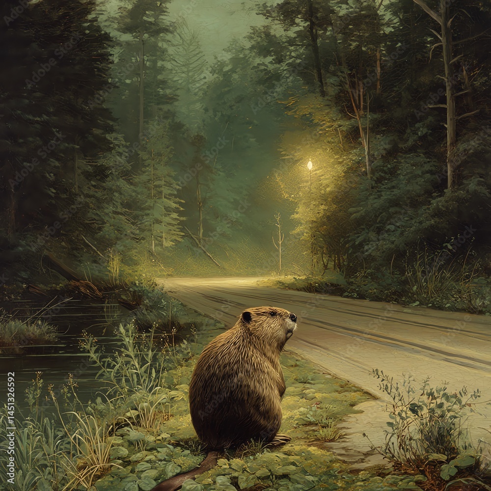 A beaver sitting by the riverbank in a serene forest landscape.