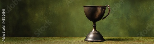 Antique trophy cup on green textured surface, elegant and classic design.