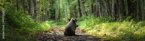 A bear resting on a forest path surrounded by lush greenery and sunlight.