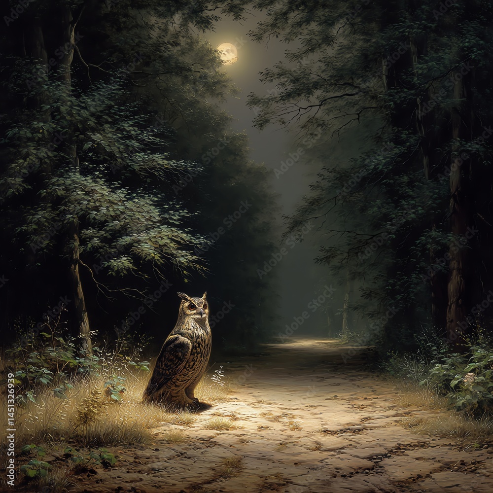 Owl sitting on a forest path under the moonlight, mystical and serene atmosphere.