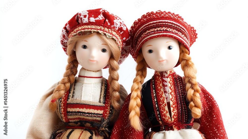 Traditional dolls in vibrant costumes, white isolate background