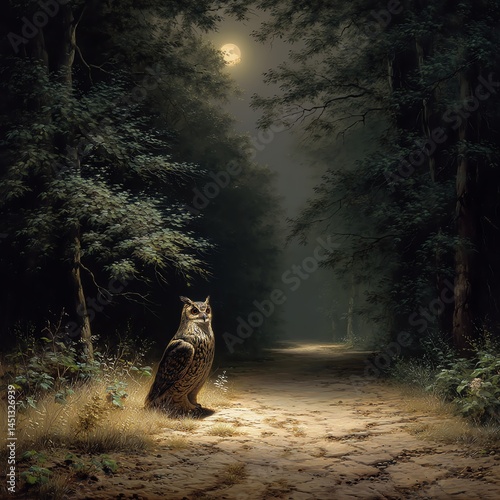 Obraz na płótnie Owl sitting on a forest path under the moonlight, mystical and serene atmosphere. w salonie