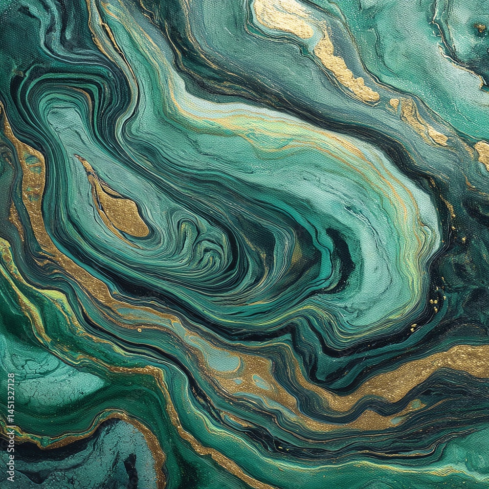 Abstract green and gold marble texture, fluid art design, vibrant color patterns.