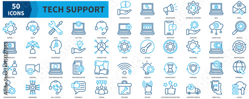 Tech Support Icon Collection Set. Containing Information, Technical Support, Email, Help, Question, Assistance, Solution Icon. Dualtone Outline Style