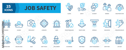 Job Safety Icon Collection Set. Containing Gloves, Safety, Worker, Head Protection, First Aid Kit, Boot, Fire Hydrant, Safety Management Icon. Dualtone Outline Style