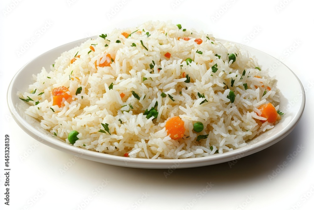 Plate of fluffy rice with colorful vegetables garnished with herbs on a clean background Plate of fluffy rice with colorful vegetables garnished with herbs on a clean background