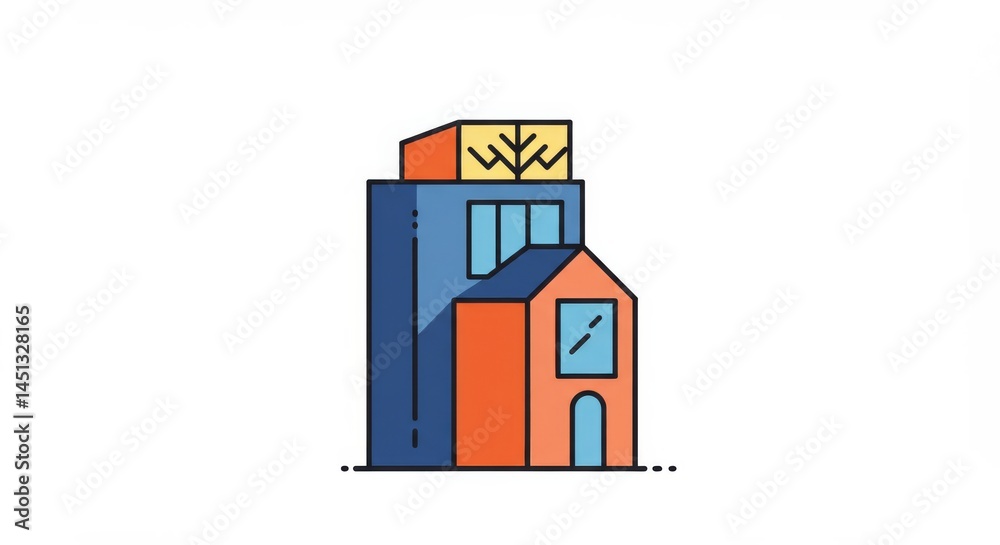 Stylized building illustration featuring mixed geometric shapes and vibrant colors Stylized building illustration featuring mixed geometric shapes and vibrant colors