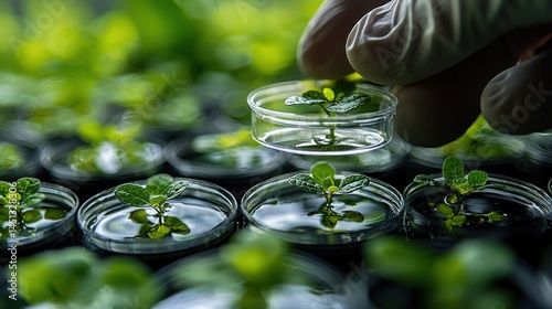 Hand Holding Petri Dish with Green Plants in Laboratory Setting