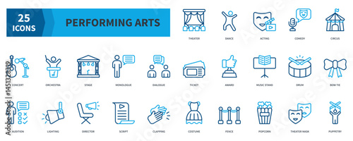 Performing Arts Icon Collection Set. Containing Theater, Dance, Acting, Comedy, Concert, Orchestra, Stage Icon. Dualtone Outline Style
