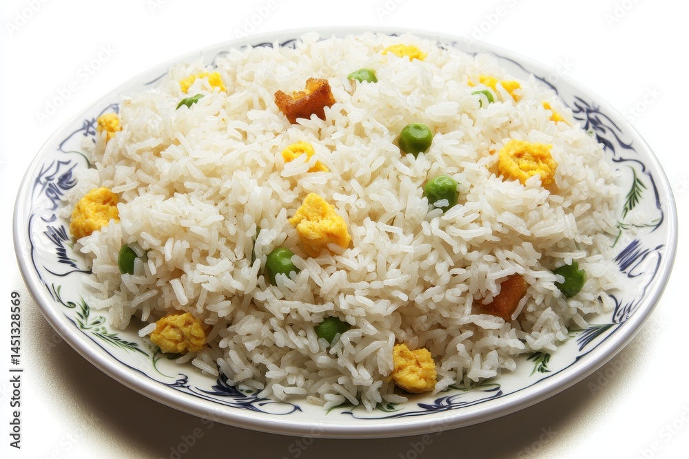 Plate of fragrant vegetable rice with peas and yellow scrambled eggs, beautifully arranged Plate of fragrant vegetable rice with peas and yellow scrambled eggs, beautifully arranged